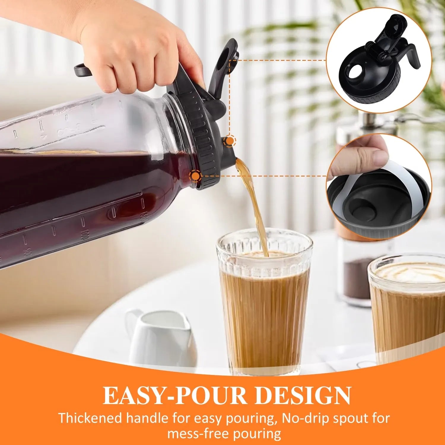 Handled glass pitcher pouring a chilled coffee drink