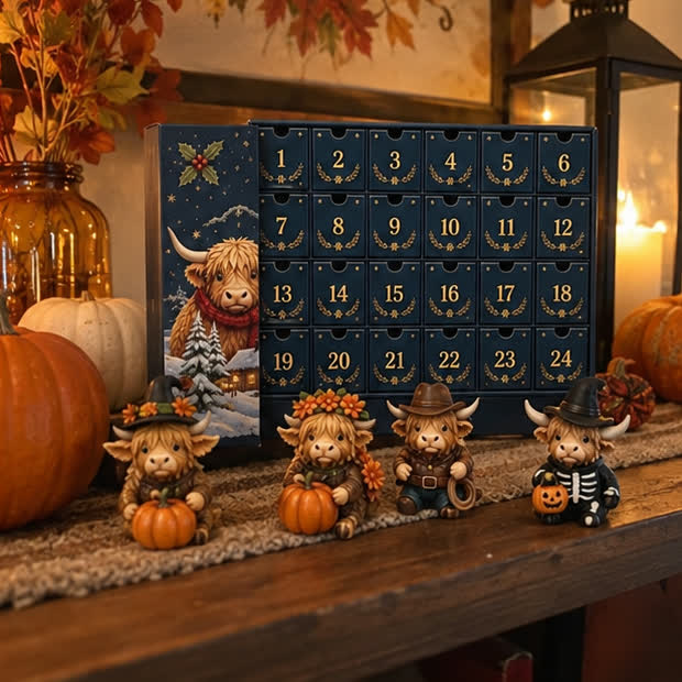 Highland cow calendar and autumn-costume figures on a Halloween shelf