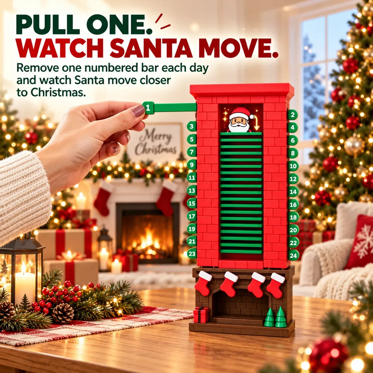 Hand removing one green bar from the Santa chimney countdown