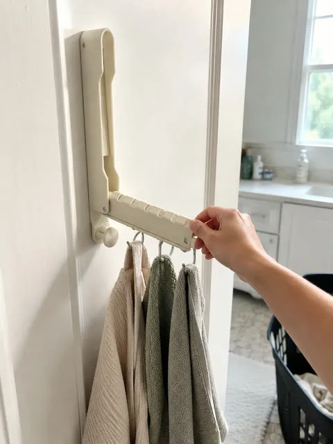 Cream rack holding towels in a bathroom