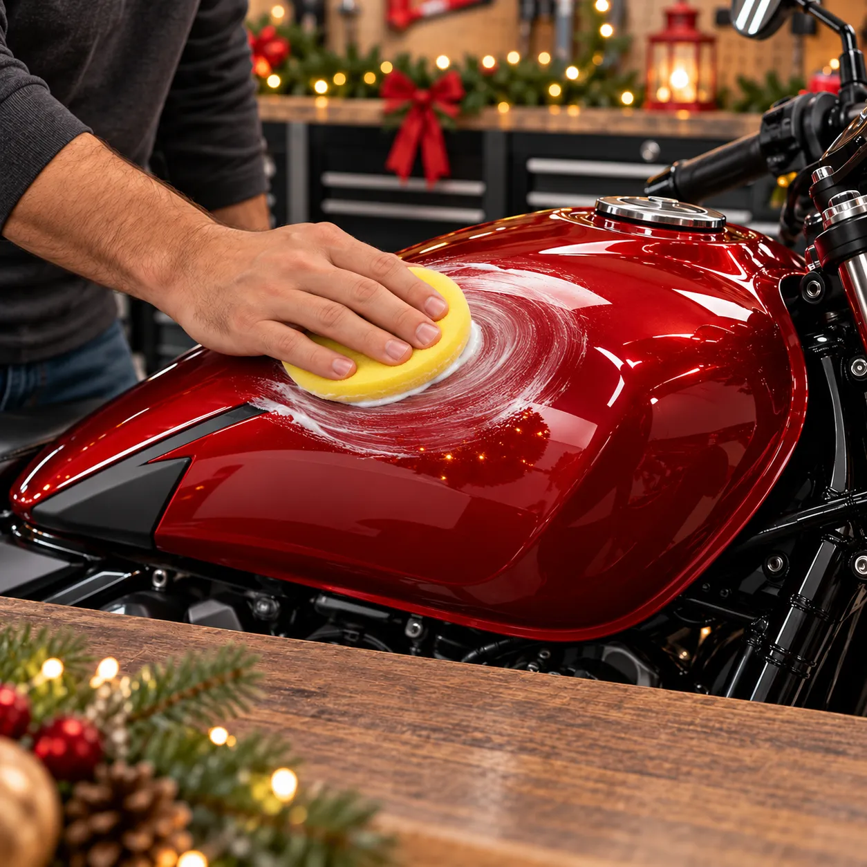 Buffing ceramic wax on a motorcycle painted fuel tank