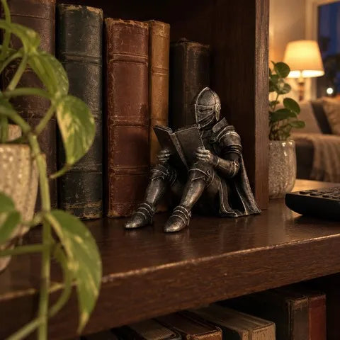 Seated medieval knight reading on a warm living-room bookcase