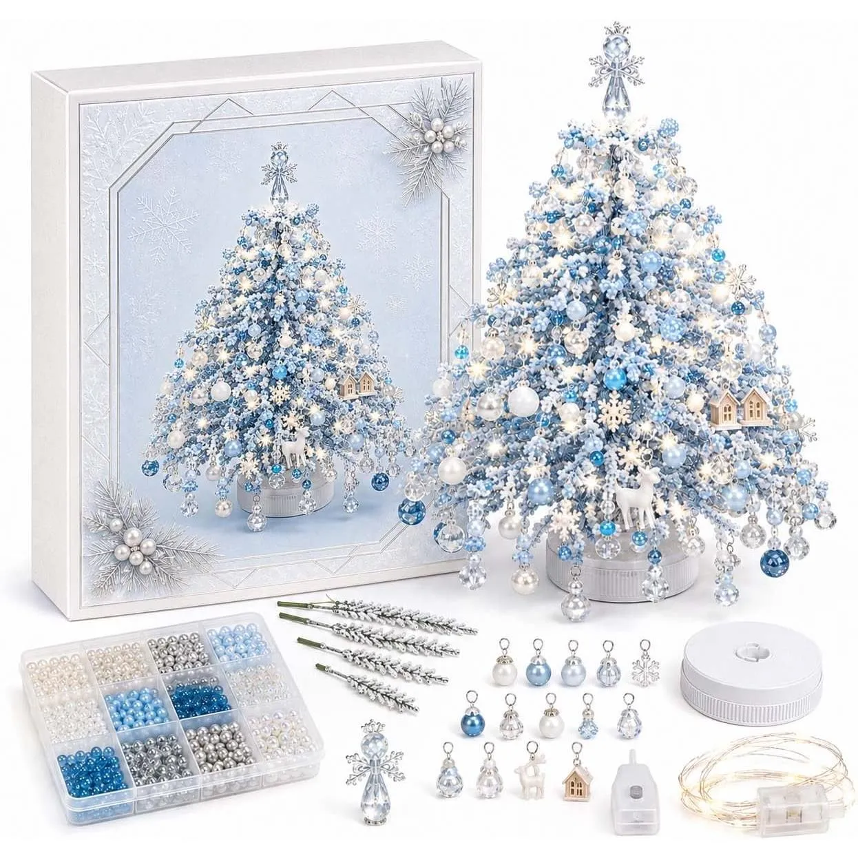 Winter-inspired white and blue DIY beaded tree kit