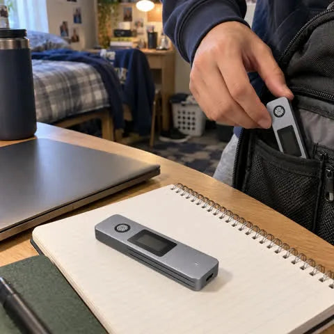 Student packing the compact SSD enclosure with laptop gear