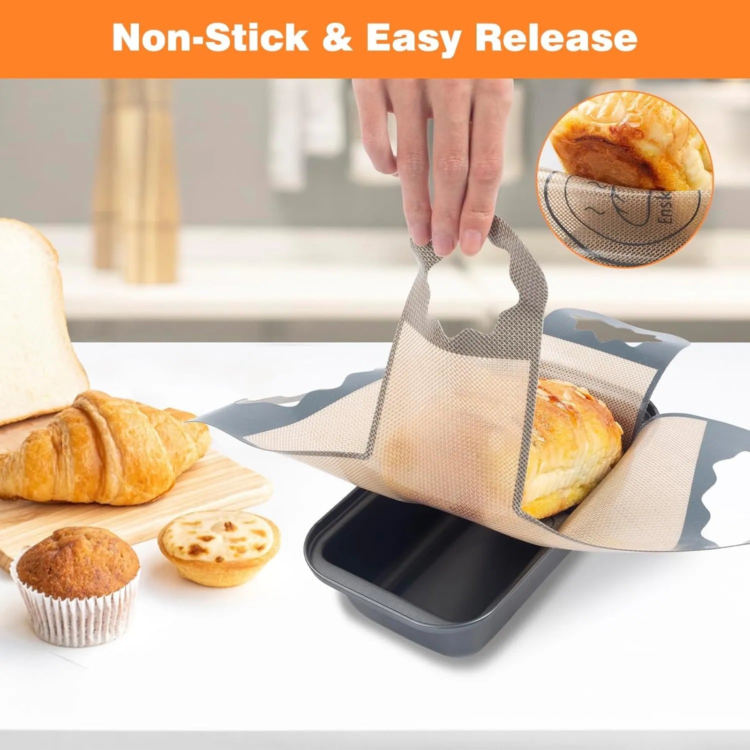 Non-stick sling releasing a fresh loaf from a baking pan