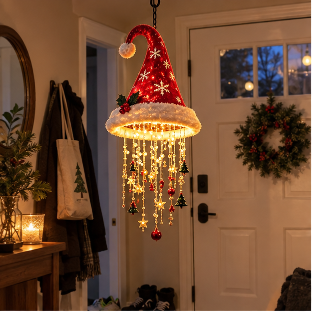 Santa hat chandelier in a casual apartment entryway