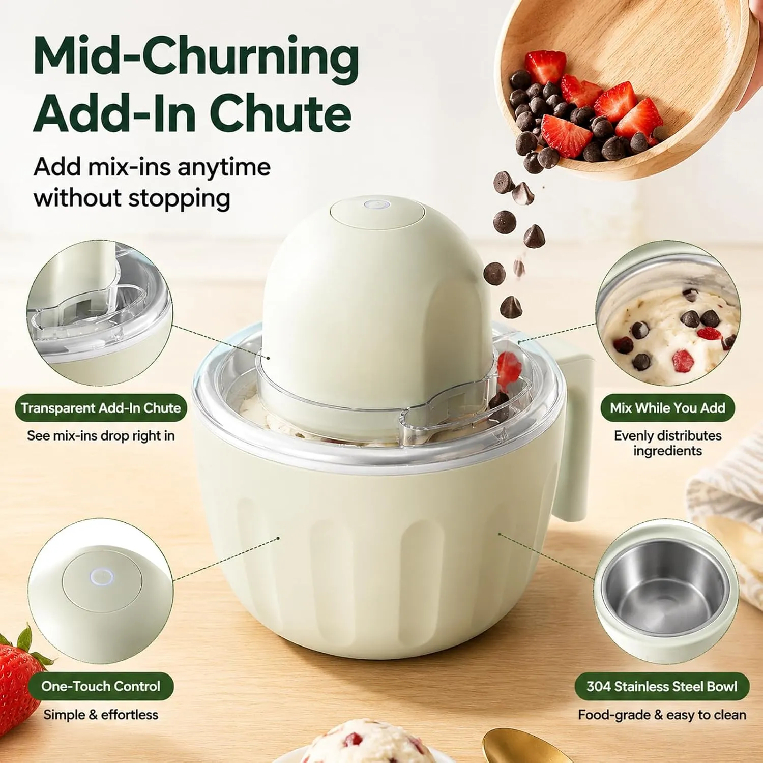 Transparent add-in chute, one-touch button, and stainless-steel freezer bowl