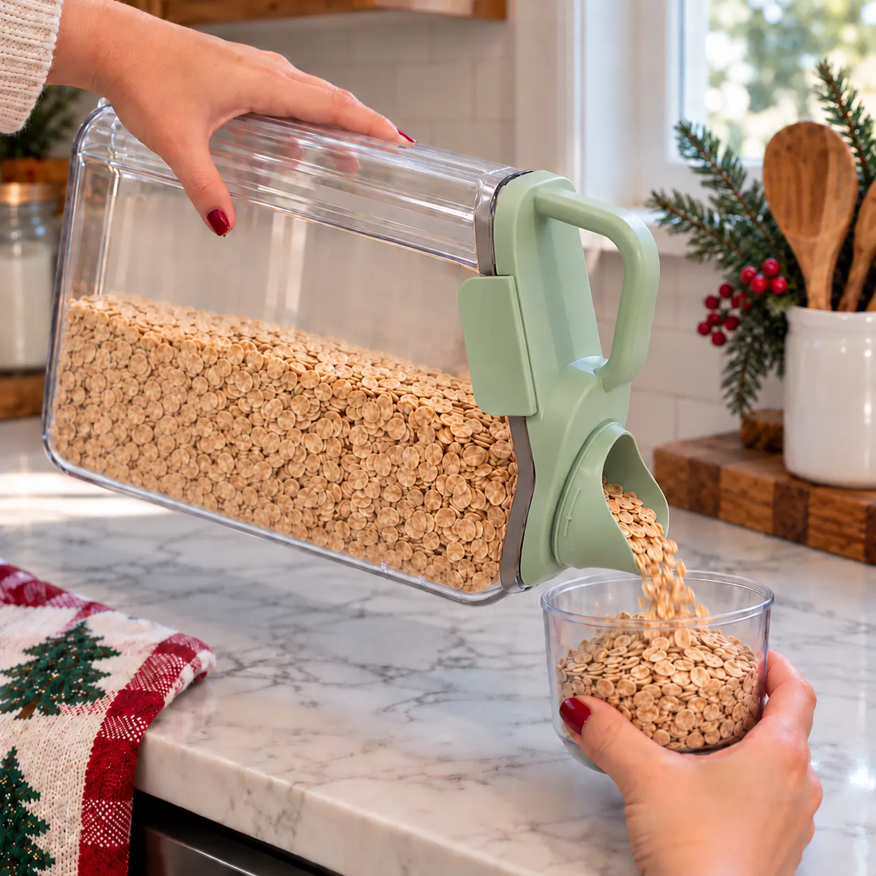 Hand supporting the green dispenser body while oats pour from the single front spout into the detached measuring cup