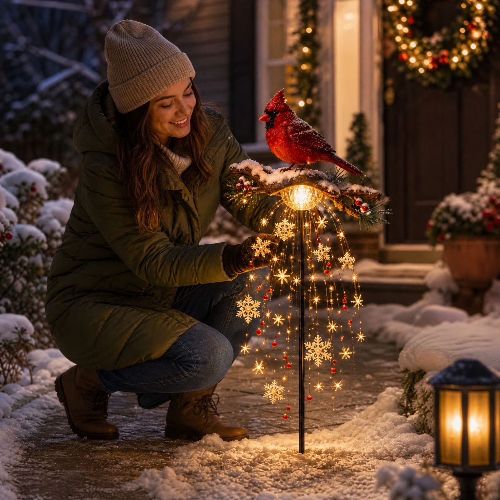 Cardinal lighted garden stake in a snowy Christmas yard