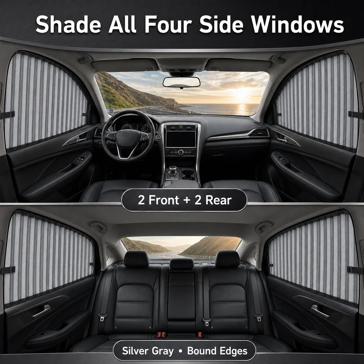 Front and rear views of four silver gray car side-window curtains