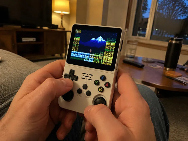 Handheld console being played on a living room couch