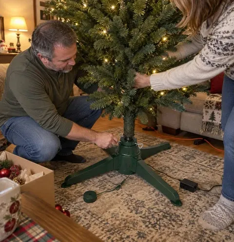 Paar stellt einen Weihnachtsbaum im drehbaren grünen Ständer auf