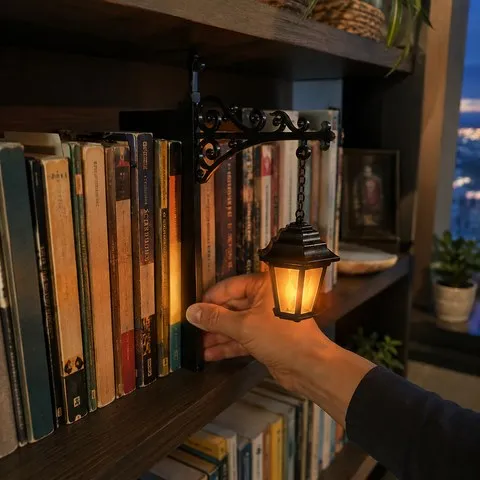 Vintage lantern bookshelf insert being adjusted by hand on an apartment shelf