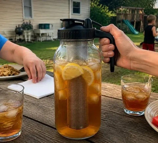 Glass infusion pitcher served during a backyard family lunch