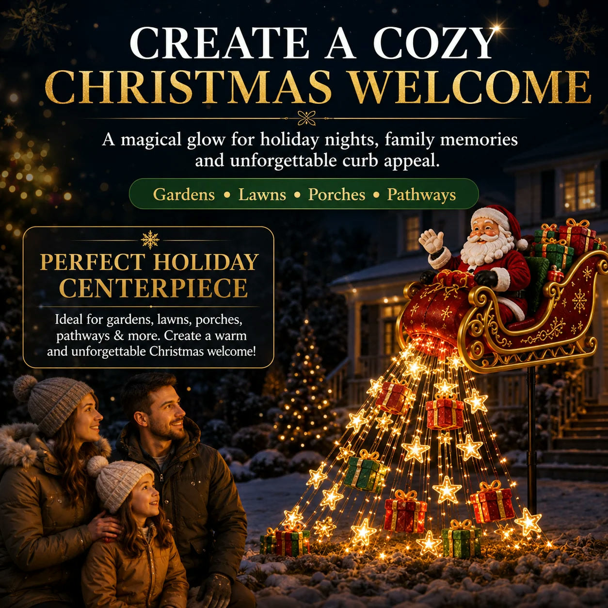 Family viewing a glowing Solar Santa sleigh decoration in a snowy front yard