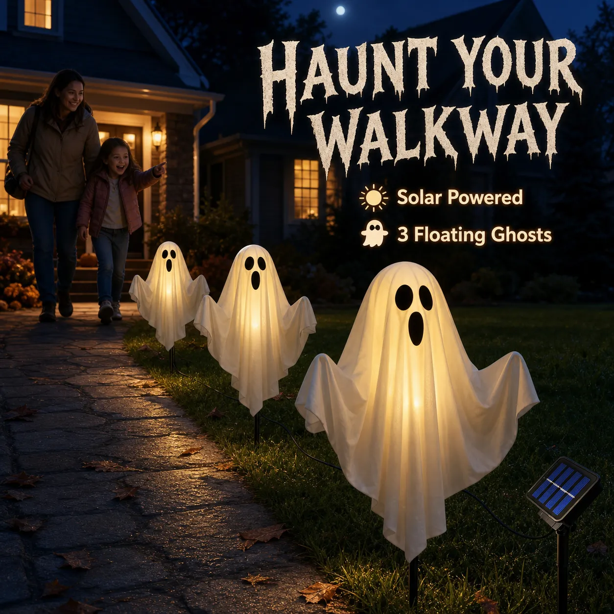 Three solar ghost lights creating a haunted front walkway