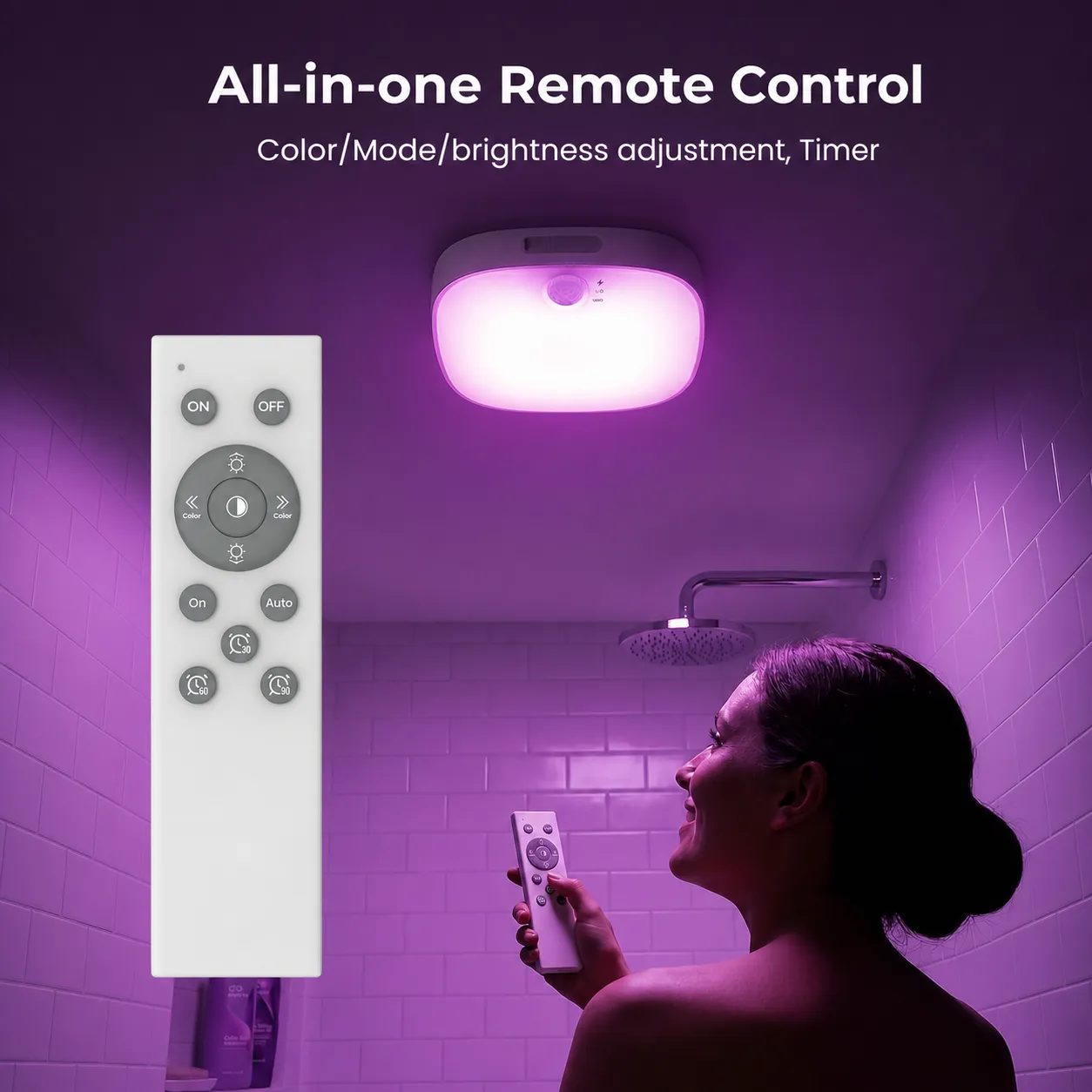 Remote control for color, brightness, mode, and timer