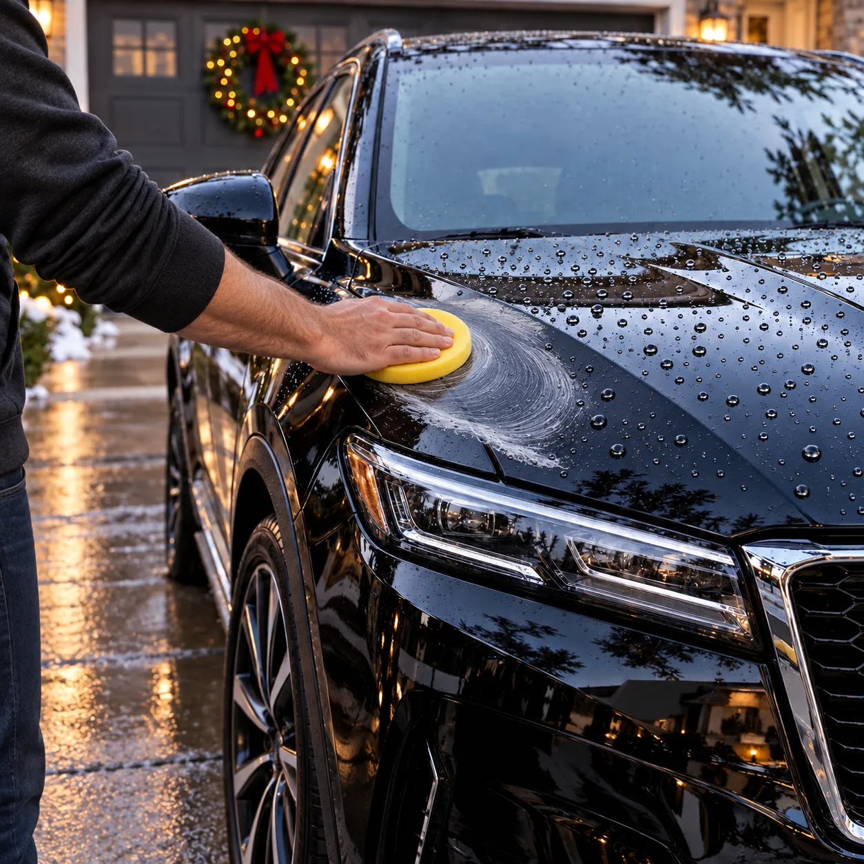 Water beading on a glossy treated SUV hood