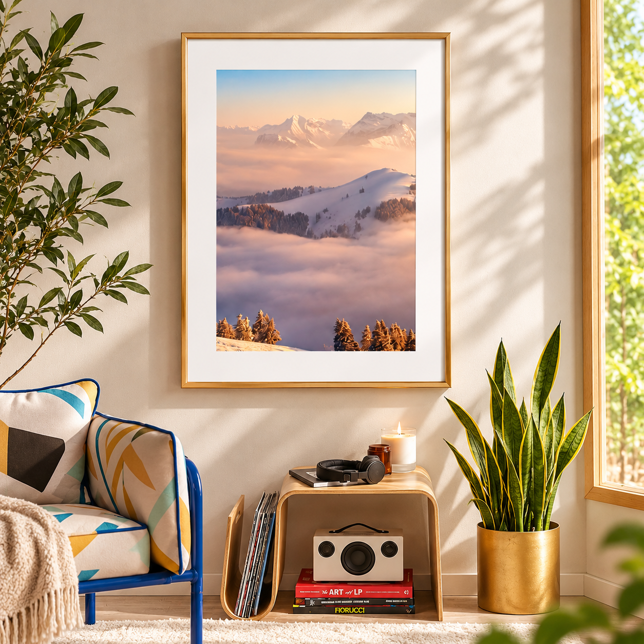 Gold picture frame displaying a winter landscape in a modern home