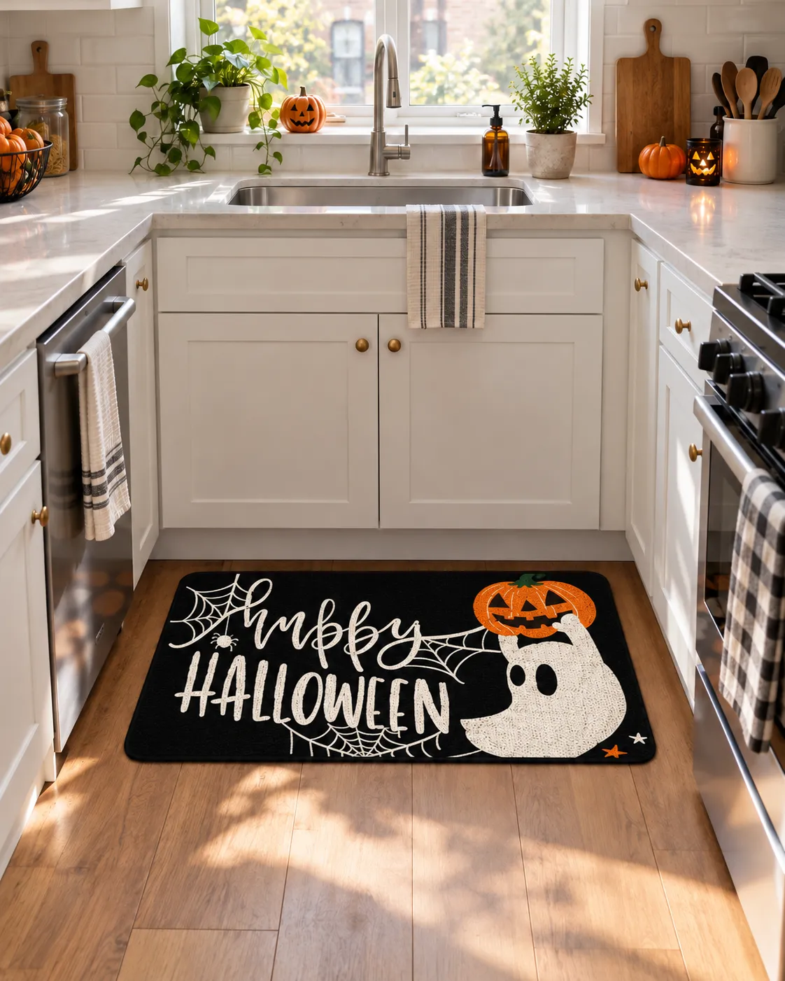 Ghost and pumpkin mat in front of a white kitchen sink
