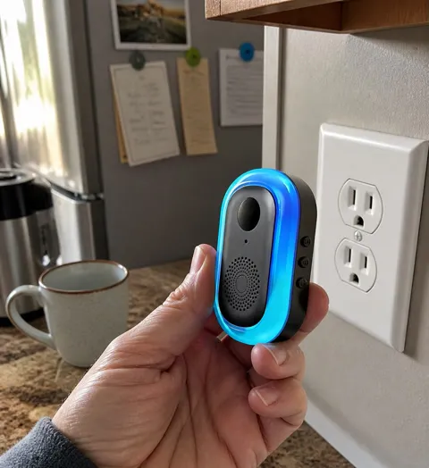 Indoor wireless chime held near a kitchen wall outlet