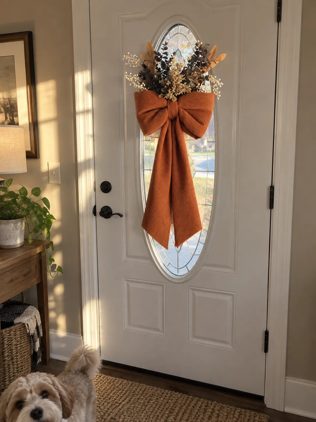 Harvest bow displayed on a white entry door; foliage shown is styling only
