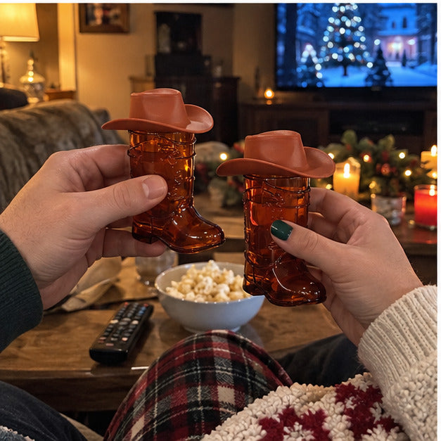 Couple using amber boot cups during a cozy holiday movie night