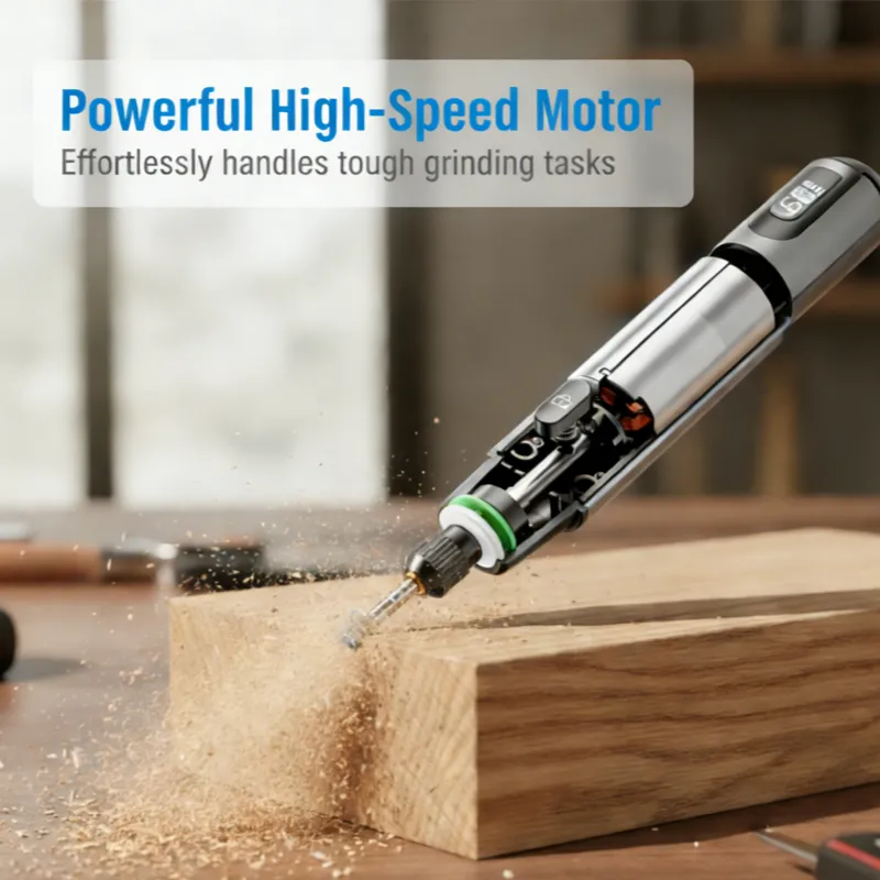 Portable rotary tool grinding a wood surface