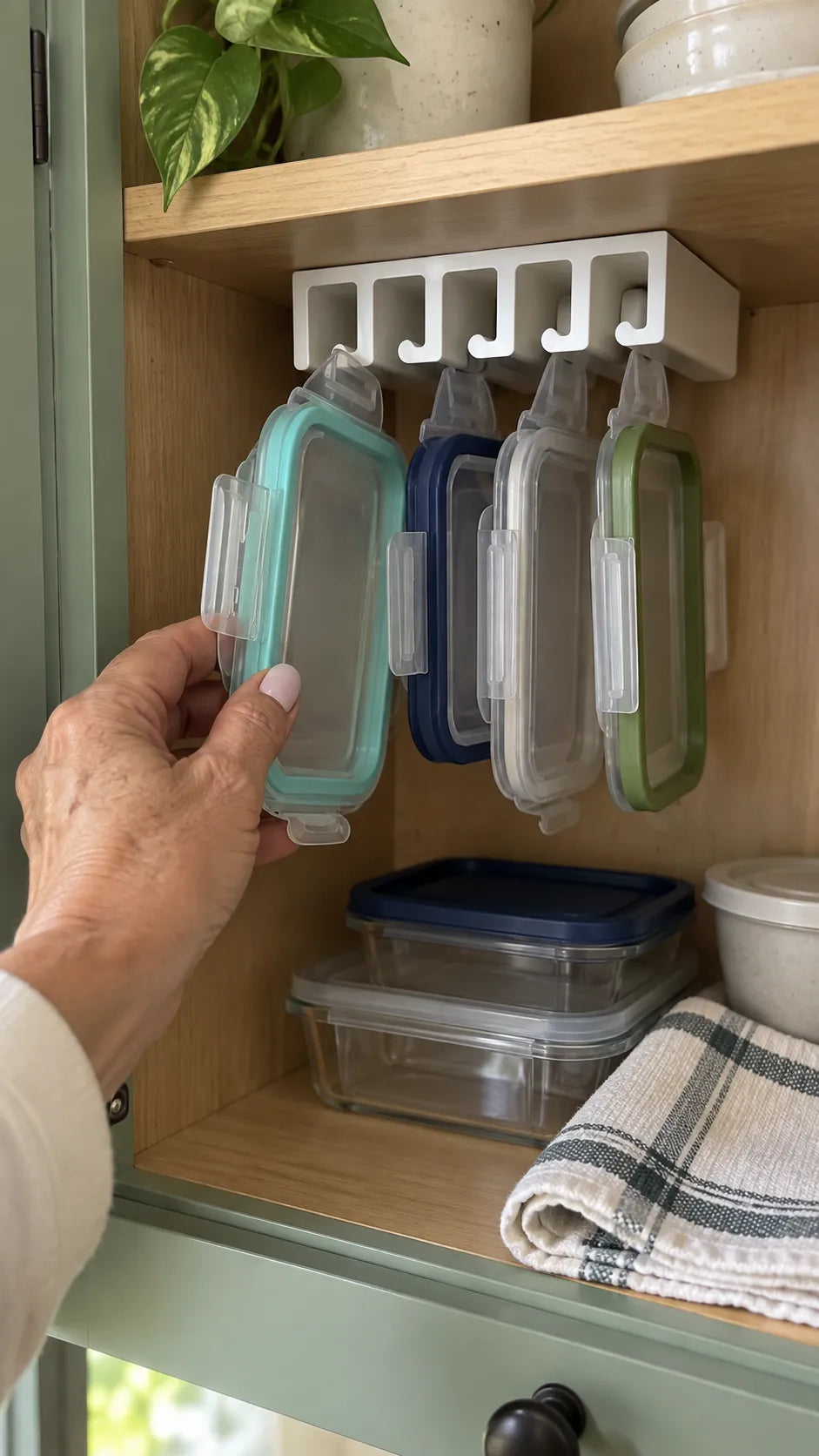White organizer holding lunch-box lids in a family cabinet