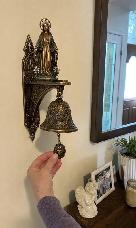 Our Lady wall bell beside a family entryway table as a hand touches the hanging medal