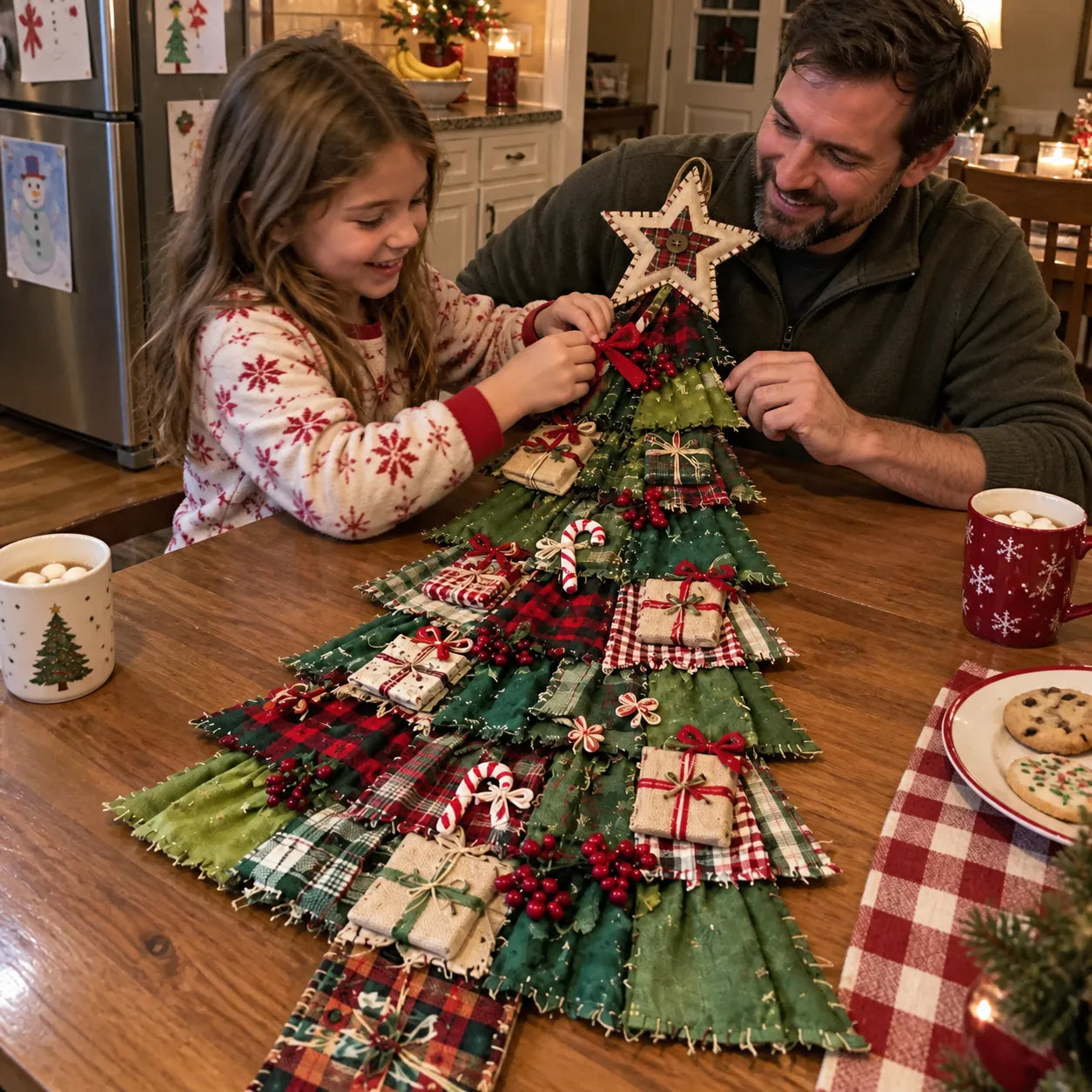 Parent and child working on the patchwork tree together