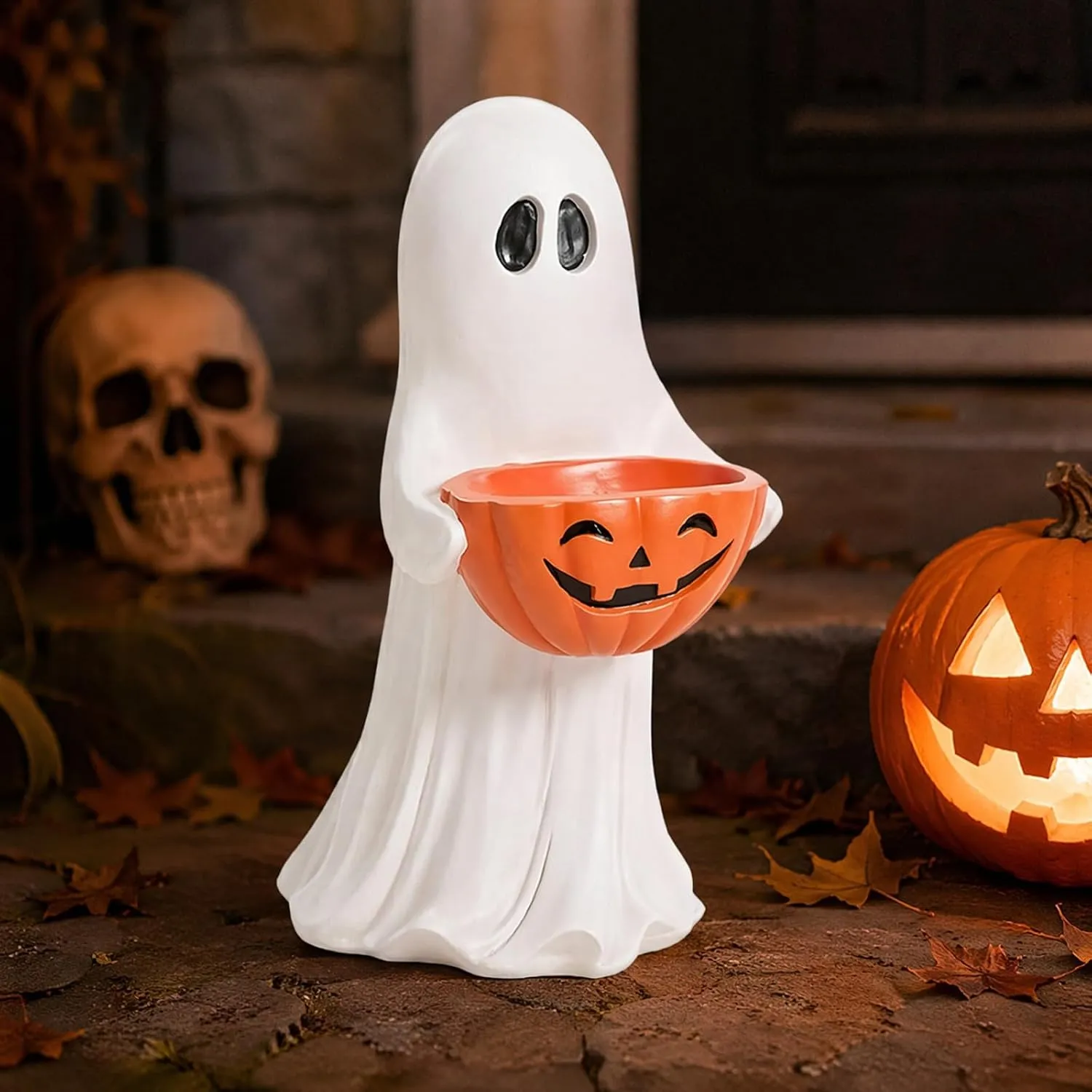 Ghost pumpkin bowl styled indoors for Halloween
