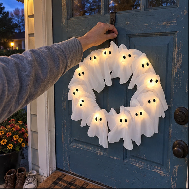 Hand hanging the glowing white ghost wreath on a weathered blue front door