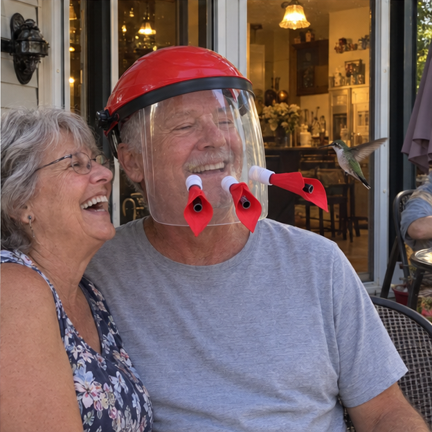 Older couple enjoying the wearable feeder mask together