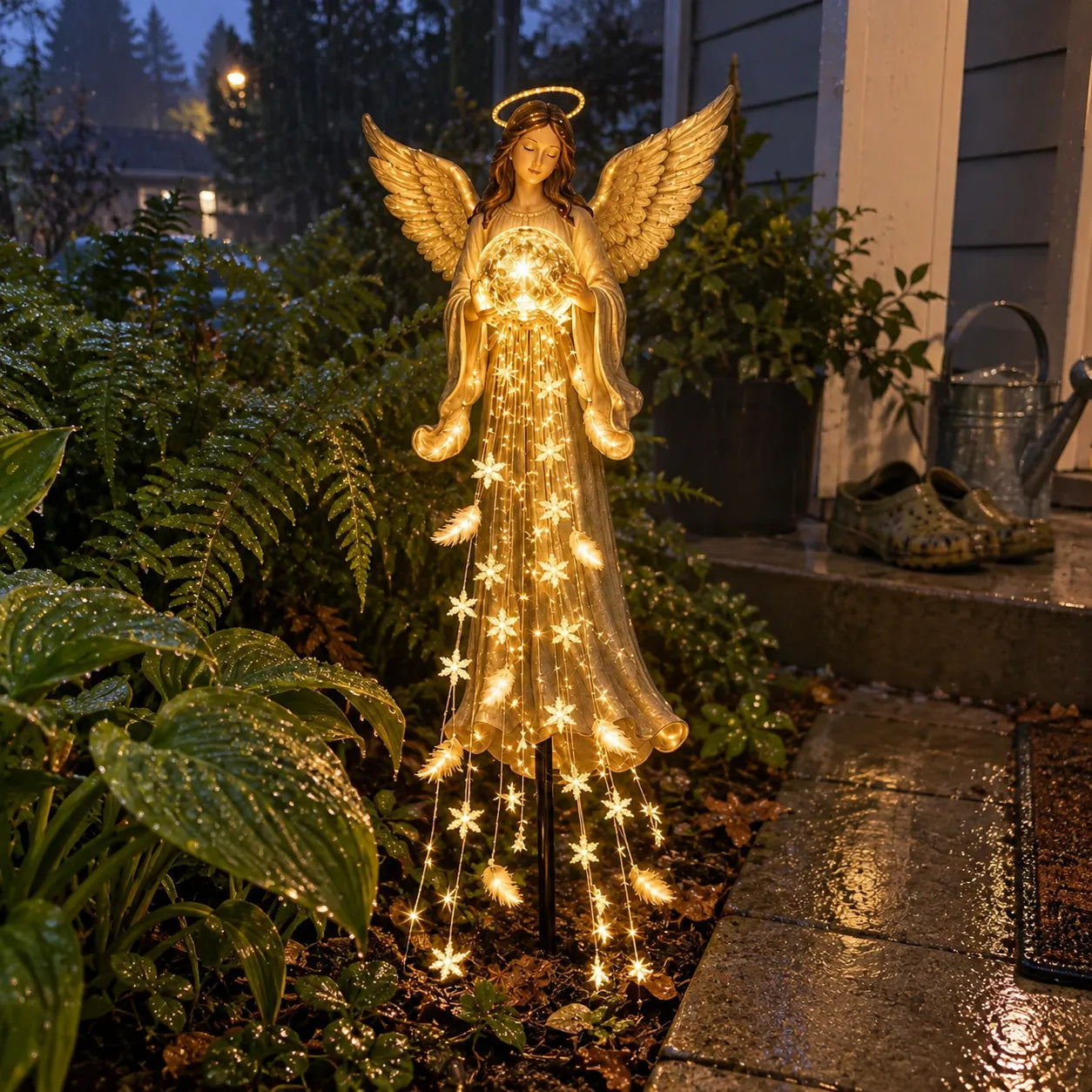 Angel light glowing beside a damp porch garden