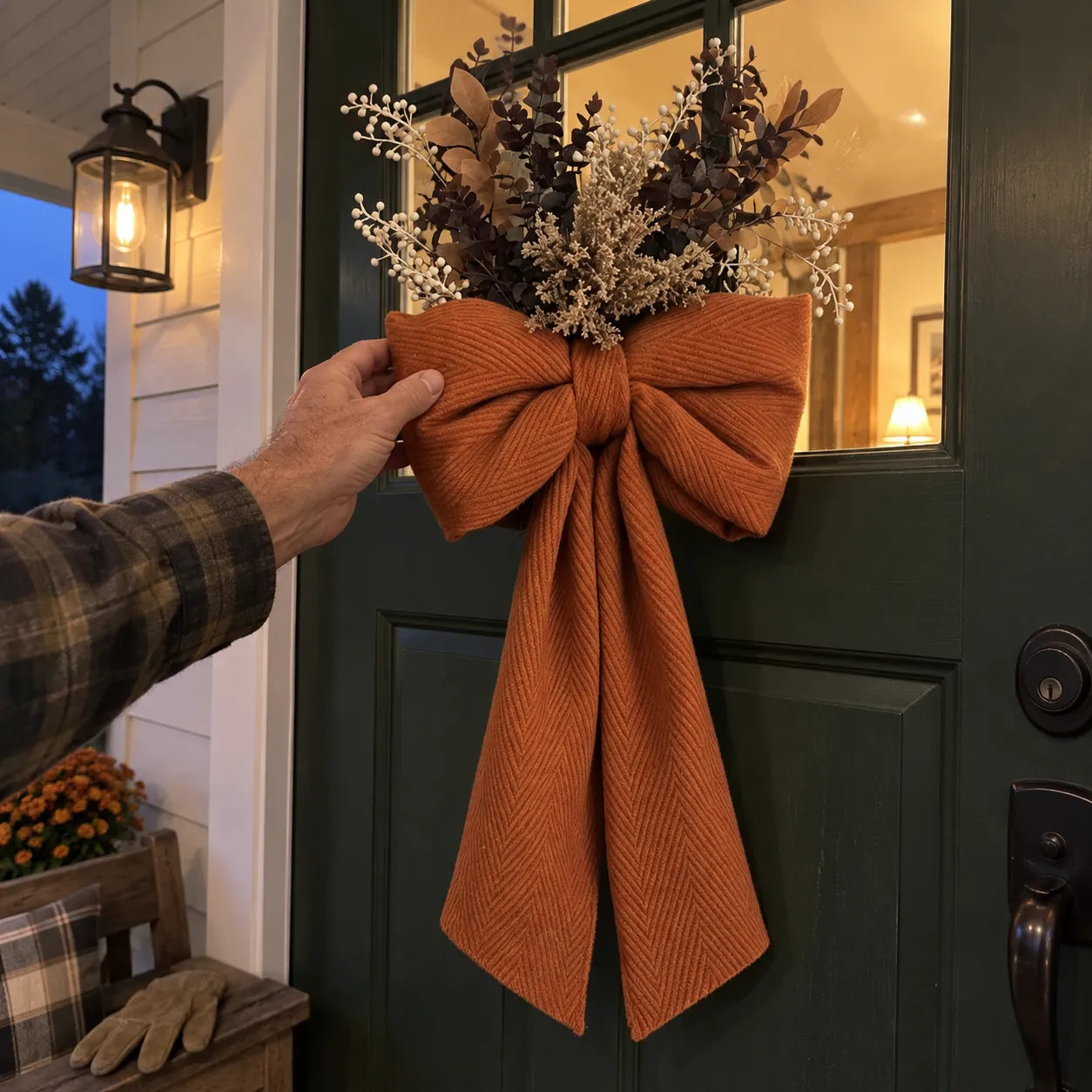 Harvest bow checked on a dark green porch door at dusk; foliage shown is styling only