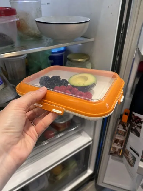 Orange tray with fruit in a home refrigerator