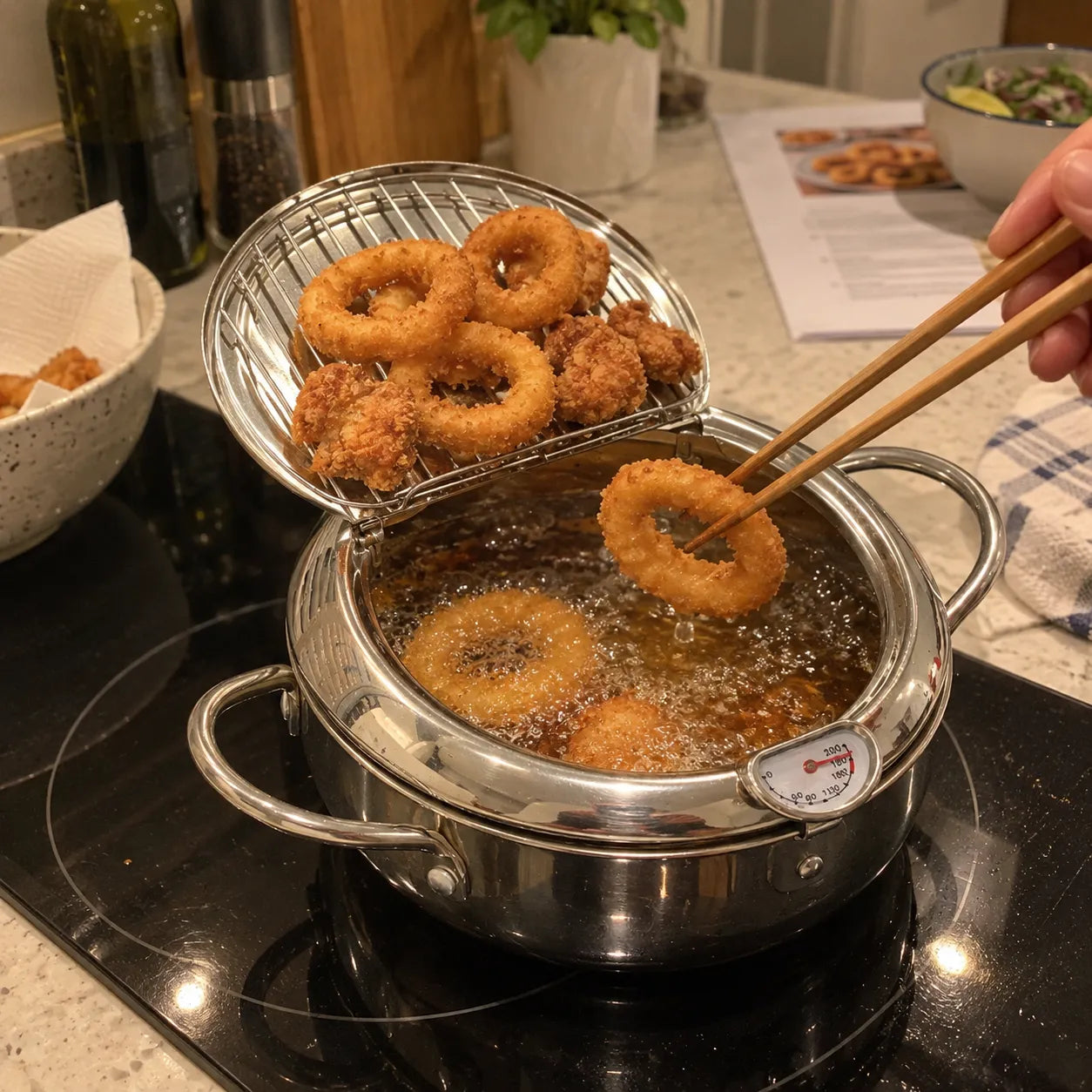 Onion rings cooking in the stainless steel fryer on an induction cooktop