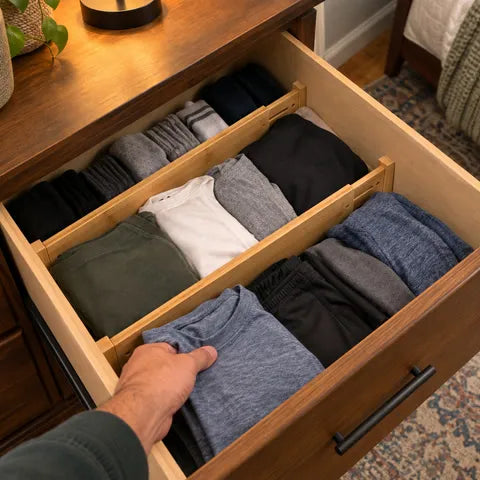 Folded clothes organized in a dresser drawer
