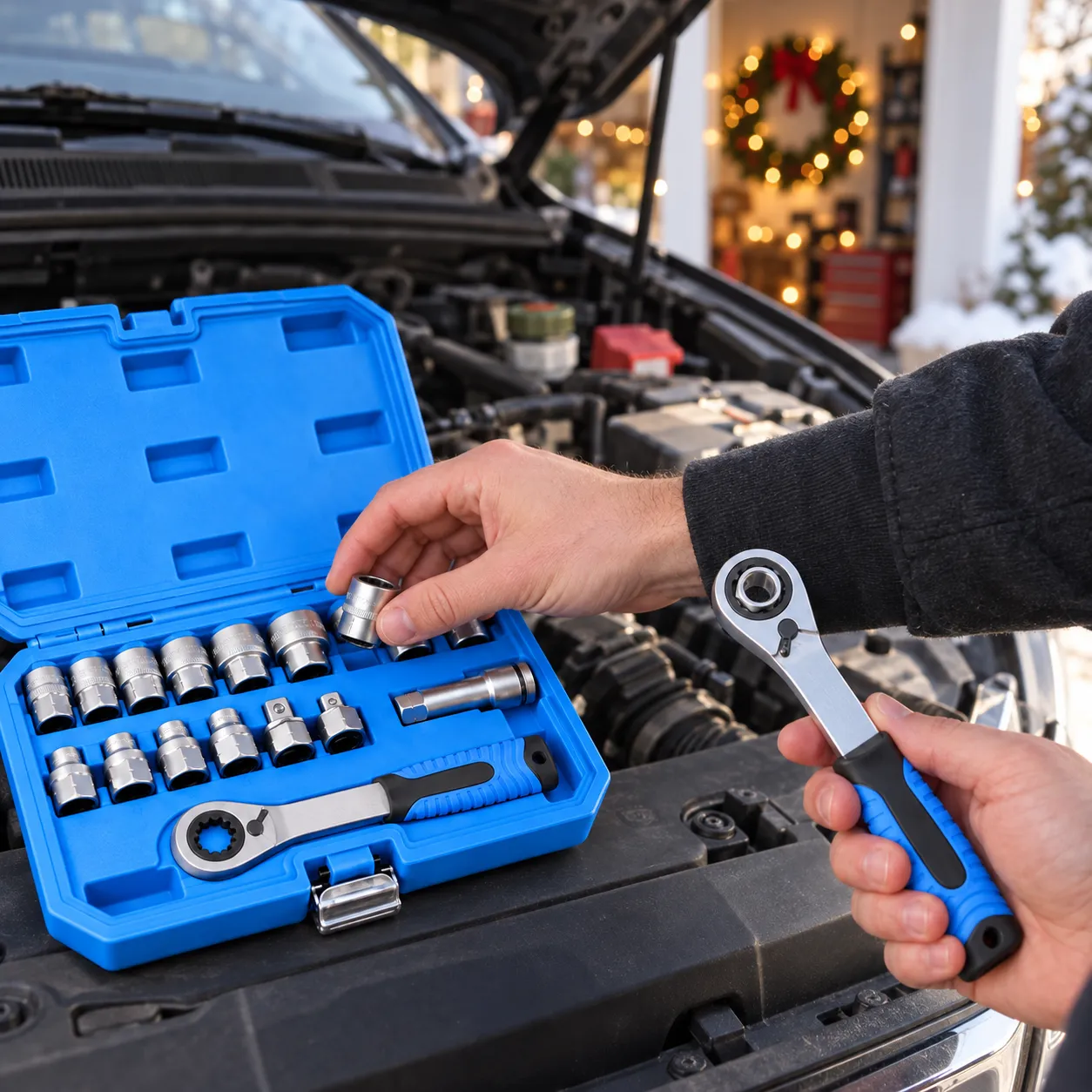 Selecting a socket from the organized blue case beside an engine bay