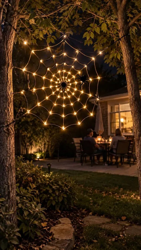Warm white spider web lights hanging between two backyard trees