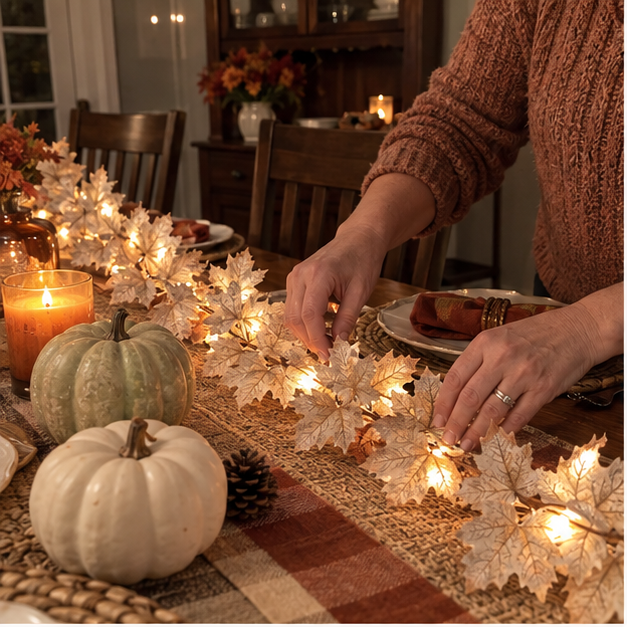 Hands arranging a glowing ivory maple leaf garland on a fall dining table