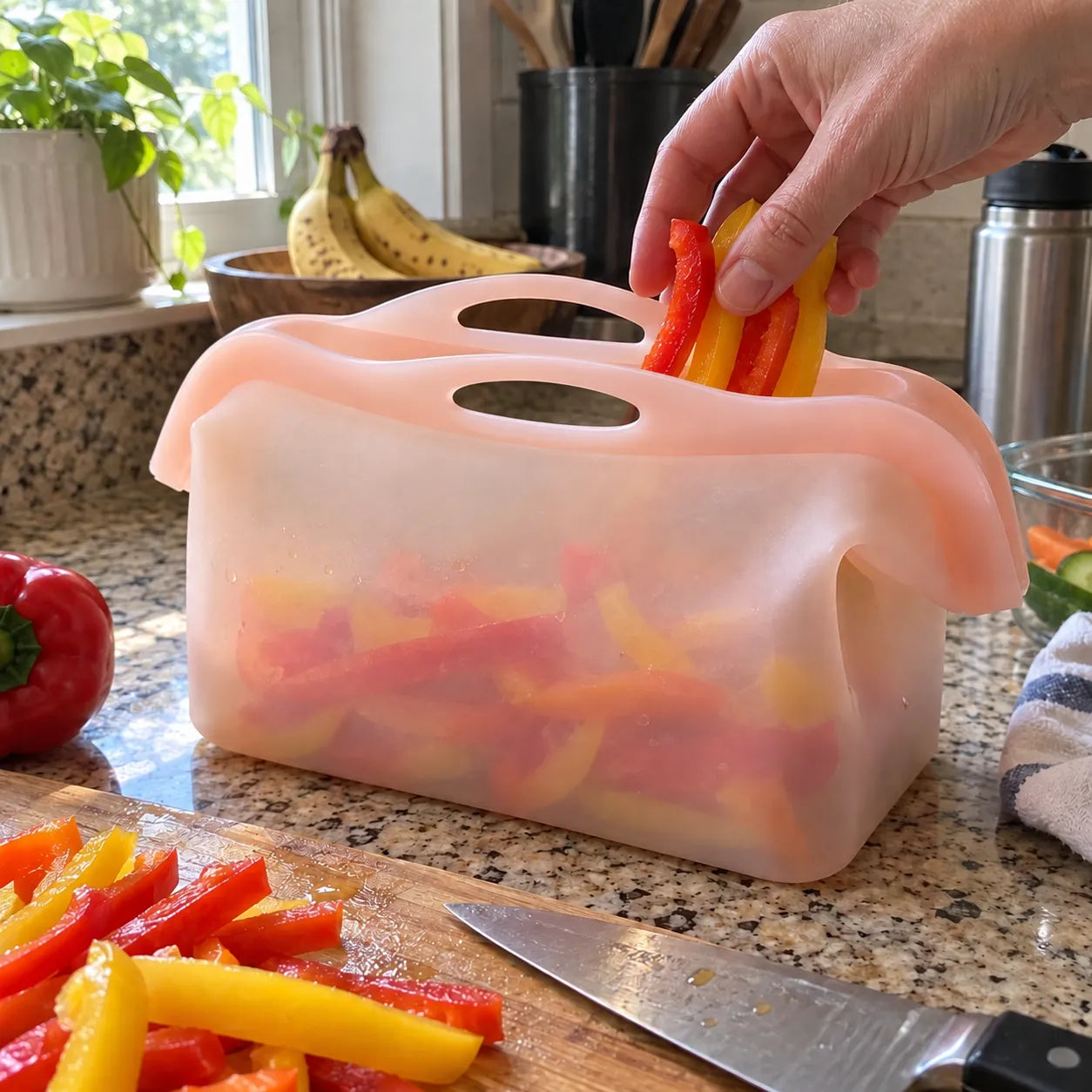 Meal-prep vegetables being placed into the silicone storage bag