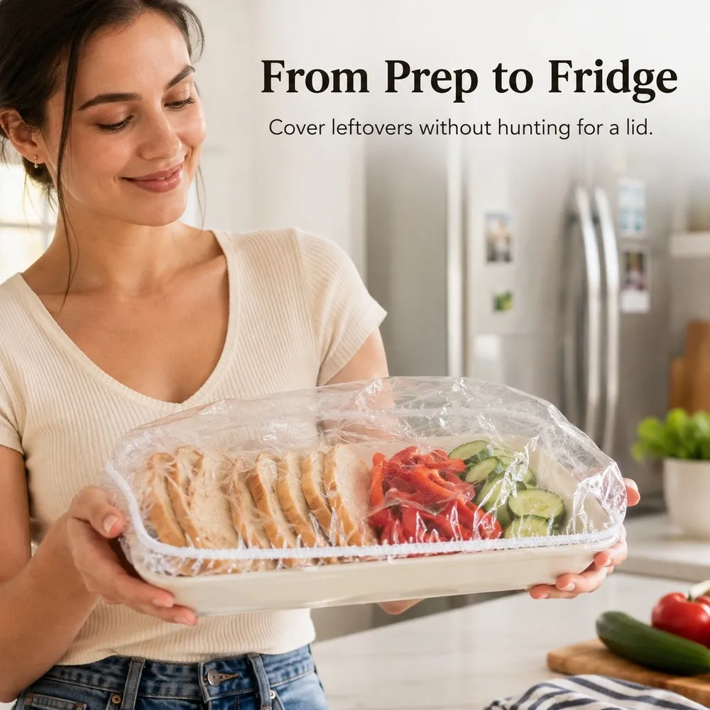 Covered food tray ready for refrigerator storage