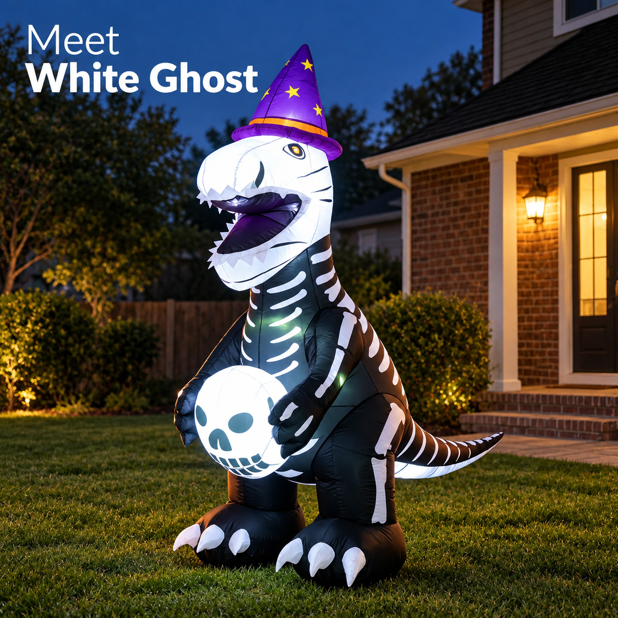 White Ghost product appearance with a black-and-white skeleton print and purple star hat