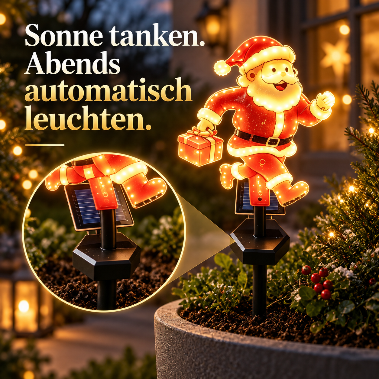 Solarpanel und schwarzer Erdspieß der Weihnachtsleuchte im Detail