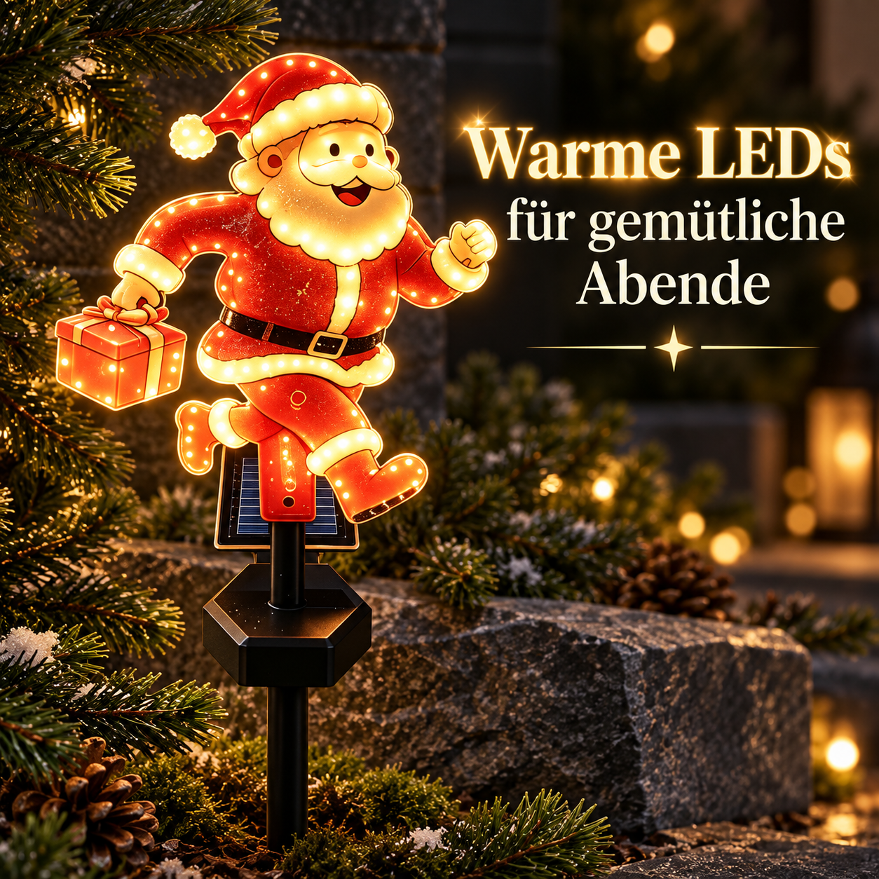 Warme LED-Lichtpunkte an der Weihnachtsmann-Figur