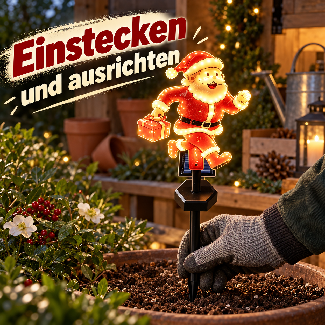 Gartenstecker wird in lockere Erde eingesetzt
