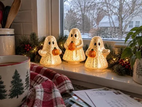 Three glowing ghost figurines on a winter kitchen windowsill