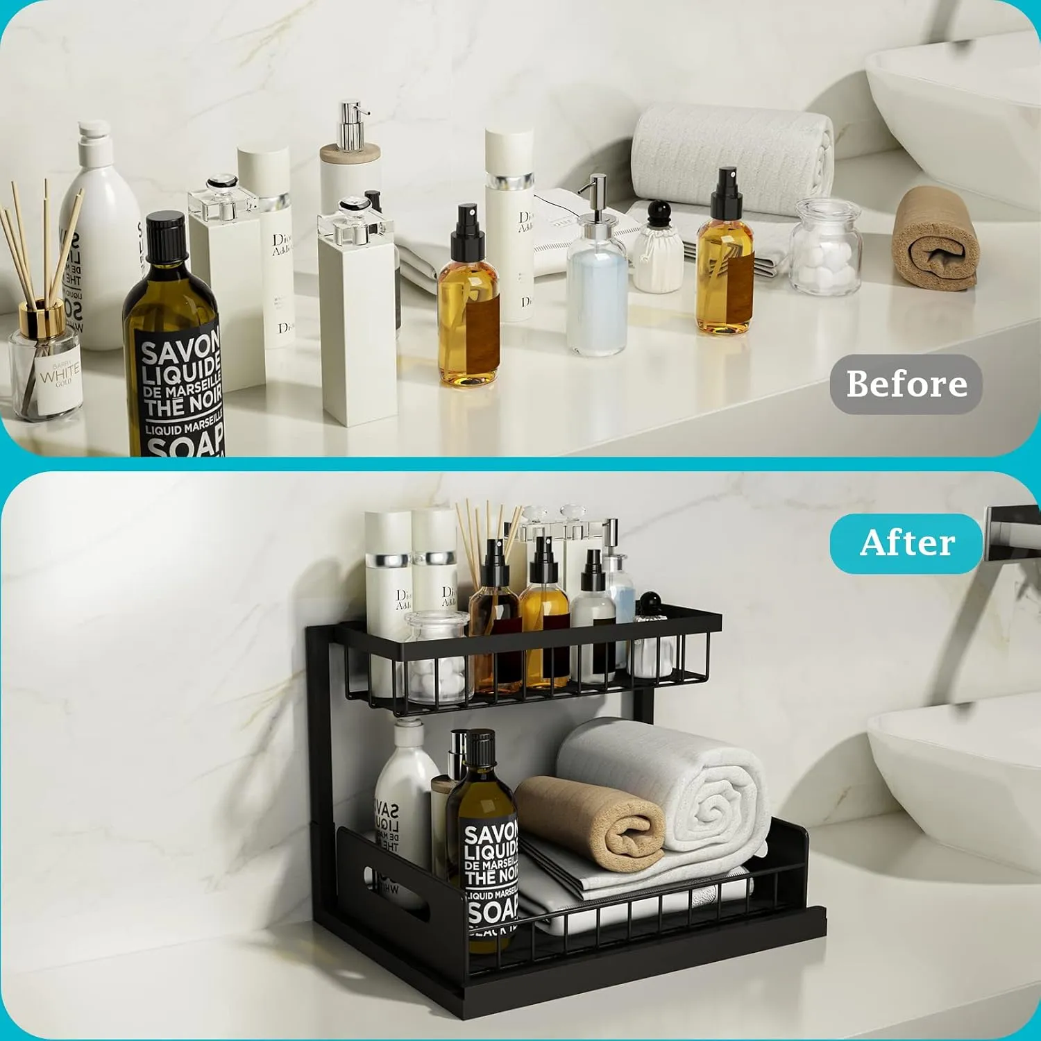 Bathroom vanity before and after adding under-sink storage